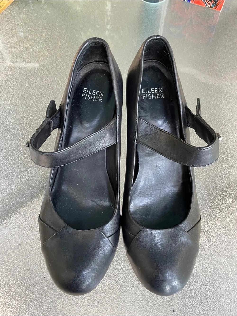 Eileen Fisher Black Leather Mary Jane Pumps